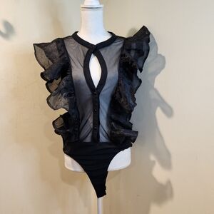 Touch Me Black Sheer Ruffle Sleeveless  Bodysuit 2X